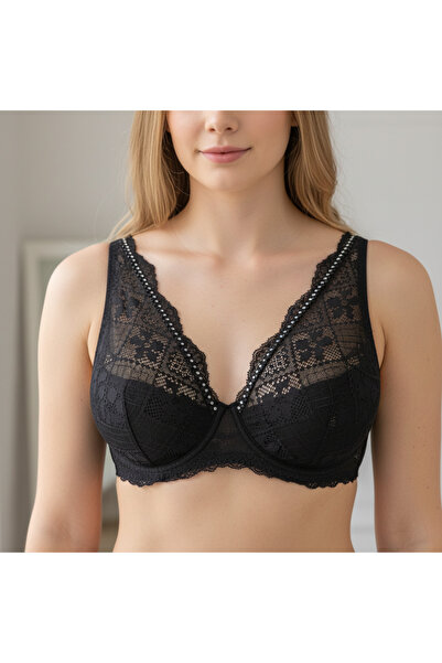 BONBON Women's Stone Printed Lace Gathered Black Color Bra Bb2420