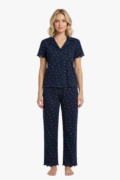 Cottonhill Set de pijamale pentru femei, cu guler tip cămașă, cu model inimio...