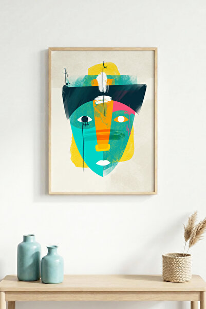 huhuli Natural Wood Framed Abstract Face Pattern Painting - Vibrant Tones |  ...