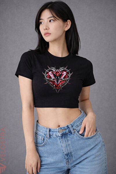 Velostra Women's Red Crystal Heart Printed Basic Daily Use Tee Crop