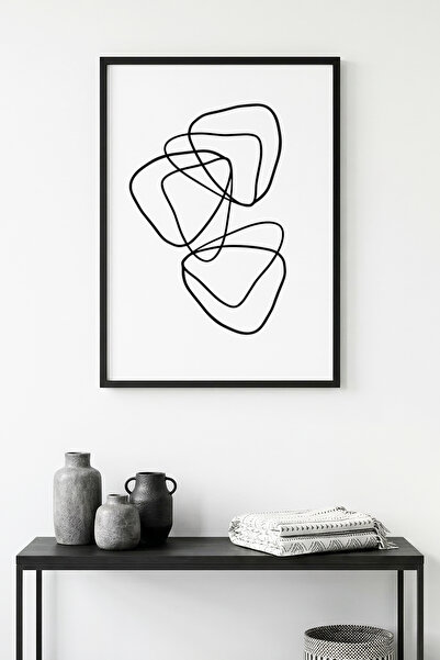 huhuli Tablou cu artă minimalistă în linii, cu ramă din lemn natural - Alb-ne...