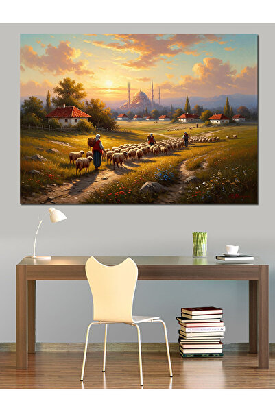 Artmeg Pastoral Köy Yaşamı Ve Koyunlar Dekoratif Kanvas - Mdf Ahşap Tablo