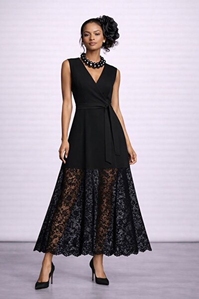 SERAVENZA COUTURE Maxi Boy Eteği Dantel Detaylı Seyyar Kuşaklı Şık Davet Elbi...