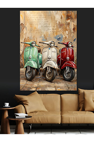 Artmeg Side by Side Three-Color Vespa Motor Decorative Canvas - Mdf Wood Table