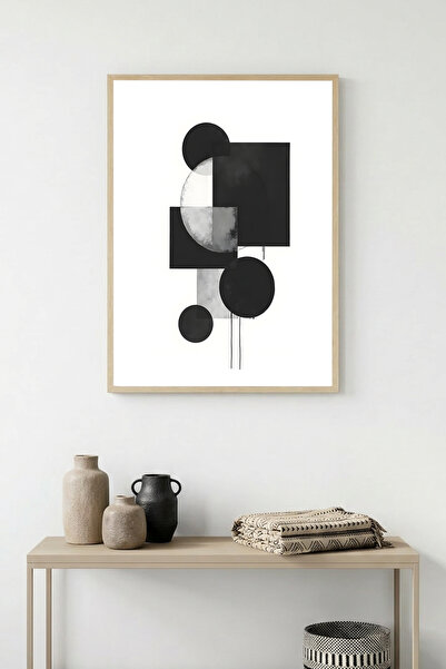 huhuli Tablou cu model geometric abstract, cu ramă din lemn natural - Alb-neg...