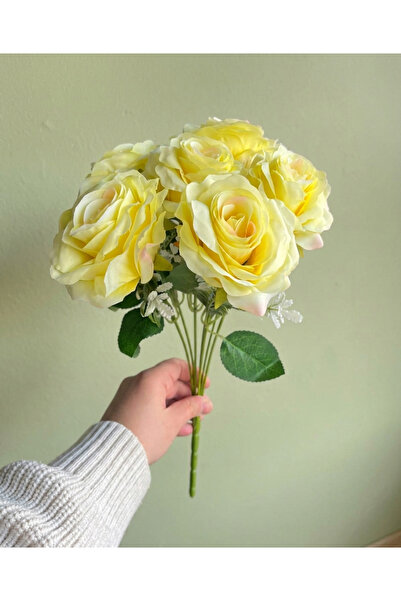 YASİMA Artificial 7-Head Yellow Rose with Boxwood Arrangement Home Decoration...
