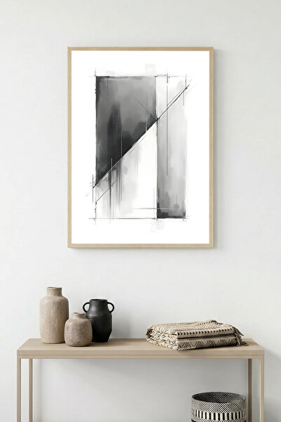huhuli Tablou minimalist abstract cu ramă din lemn natural - Alb-negru |   hu...