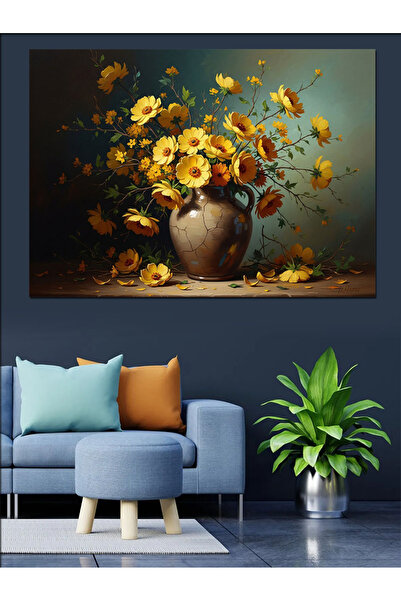 Artmeg Pânză decorativă cu flori sălbatice galbene într-o vază - Masă din lem...