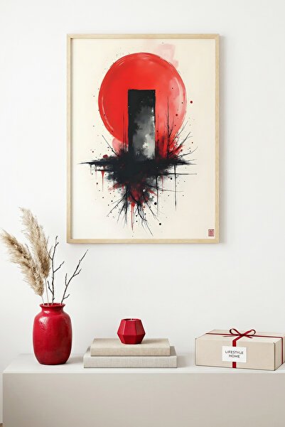 huhuli Tablou minimalist abstract cu ramă din lemn natural - Roșu-Negru |   h...