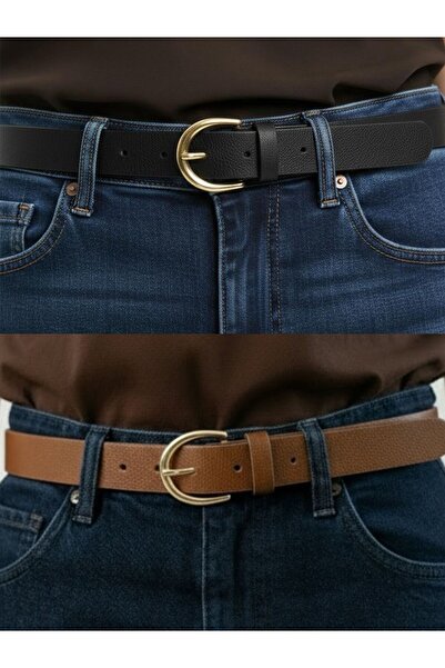 Kemerix Women's Classic Gold Buckle Set of 2 Jean Belts Black-Tan