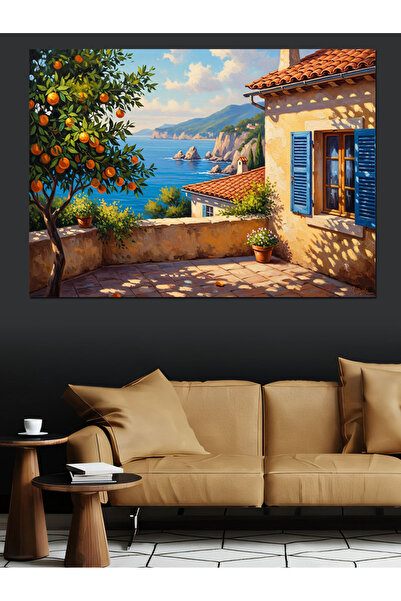 Artmeg Akdeniz Manzaralı Mavi Pencereli Ev Dekoratif Kanvas - Mdf Ahşap Tablo