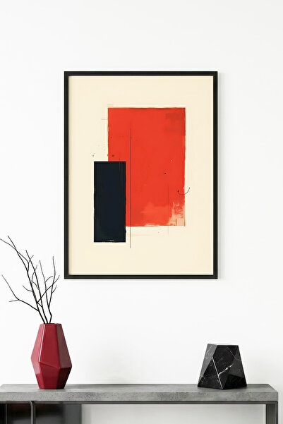 huhuli Αφηρημένος πίνακας με κόκκινο και μαύρο σχέδιο με φυσικό ξύλινο πλαίσι...