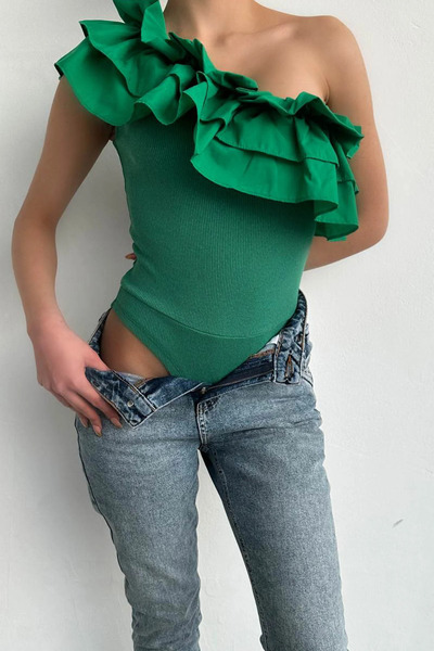 ANATOLIATEKSTILE Body Damă Elegant Asimetric cu Volane – Body One Shoulder Sl...