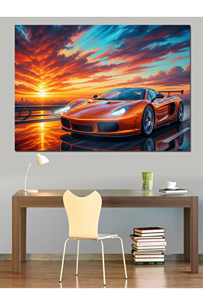 Artmeg Mașină sport portocalie rapidă în apusul soarelui, pânză decorativă - ...