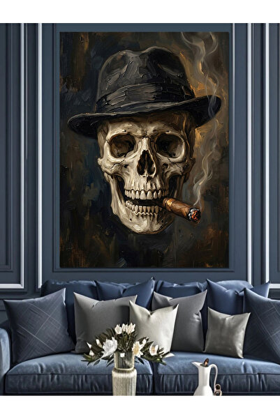 Artmeg Charismatic Skull with Hat and Puro - Decorative Canvas - Mdf Wood Pai...