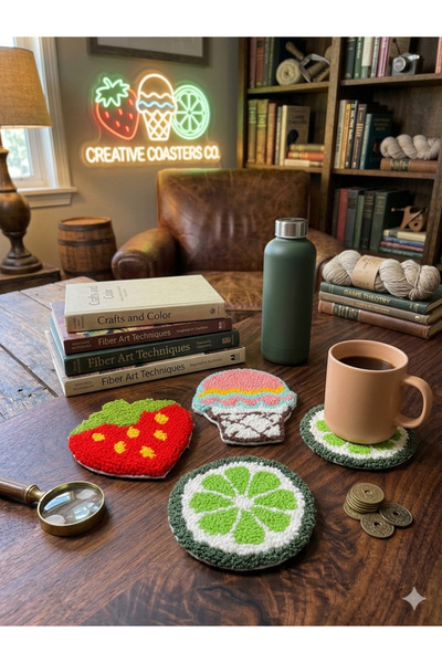 GAONK El Yapımı Punch Nakış Meyve Konseptli 3’lü Bardak Altlığı Seti - Çilek ...