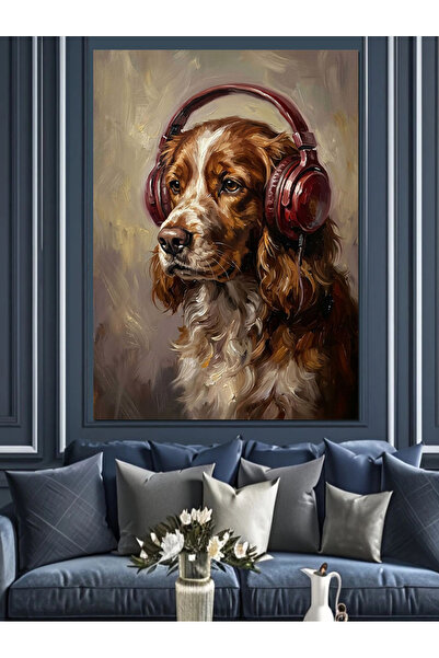 Artmeg Portret de câine care ascultă muzică cu căști, pânză decorativă - Tabl...