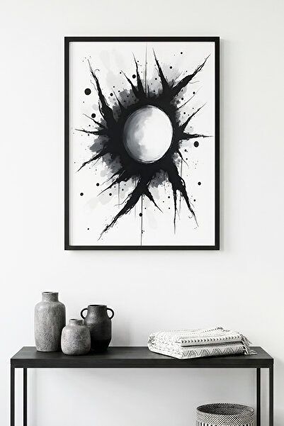 huhuli Tablou abstract cu model alb-negru, înrămat în lemn natural - Minimal ...