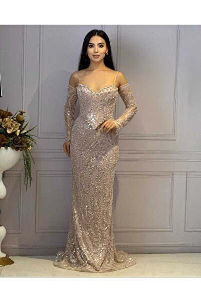 Nobrand Rochie de seară lungă cu paiete si perle roz pudra