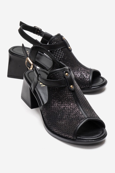 LuviShoes JANELLE Siyah Simli Hakiki Deri Kadın Kalın Topuklu Sandalet