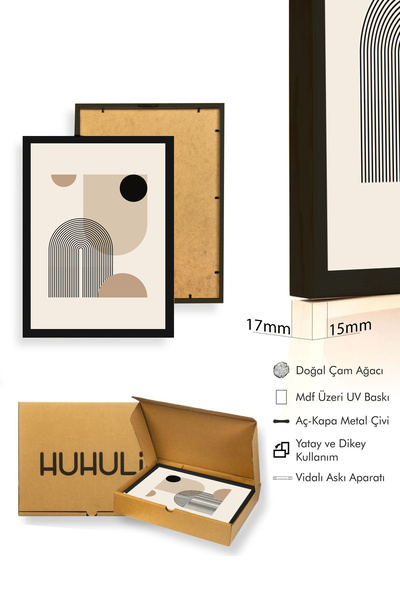 huhuli Black Wooden Framed Geometric Patterned Painting - Minimal Tones |   Huhu1140 - Single Table Black Frame