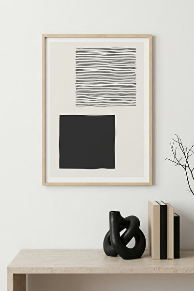 huhuli Tablou minimalist cu linii, cu ramă din lemn natural - Alb-negru |   h...