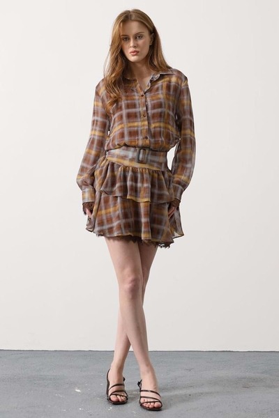 ibeeka Brown Plaid Patterned Women's Dress with Inner Bustier and Belt Detail
