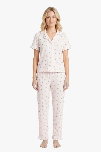 Cottonhill White Floral Patterned Wrinkled Shirt Collar Women's Pajama Set