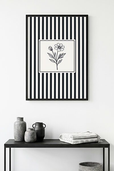huhuli Tablou cu model floral înrămat în lemn natural - Alb-negru |   huhu1344