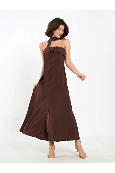 BIGNUANCE Coffee Strapless Buttoned Slit Detailed Long Dress Casual Comfortab...