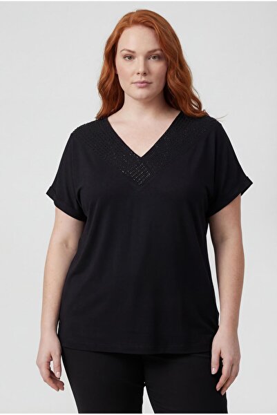 Ebsumu Bluză neagră brodată cu decolteu în V, mărime mare, pentru femei