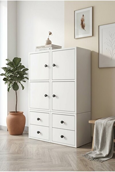 FOR WOMAN DESİGN Ahşap Dolap 4 Kapak 4 Çekmeceli Modern Çok Amaçlı Depolama Ü...