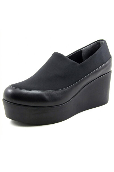 Erkan Saçmacı Sofia Black Vegan Stretch Round Toe Wedge Heeled Casual Shoes
