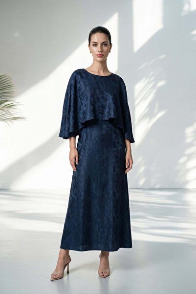 Setre Lacivert Üst Detaylı Desenli Tam Kalıp Midi Elbise