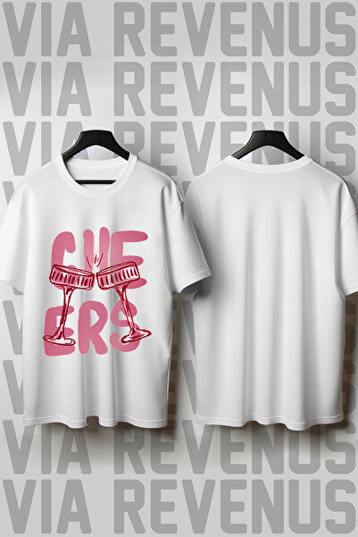 Vordevia Μπλουζάκι Unisex με στάμπα Cheers, με λαιμόκοψη ποδηλάτου, φαρδιά γρ...