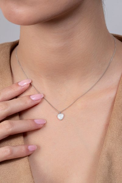 Elika Silver Women's White Stone Heart Necklace