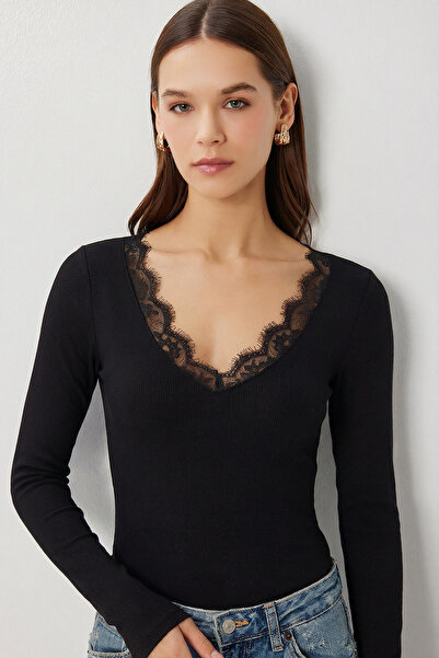 Lovelyİstanbul Dantelli Örme Bluz LDZ0070 SİYAH