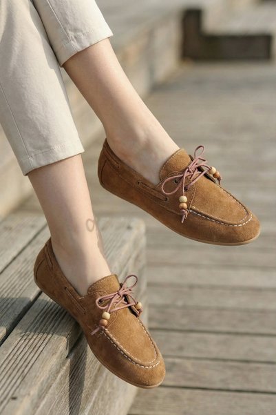 Zoe3 Style Women's Tan Suede Look Lace-Up Casual Flat Loafer Shoes
