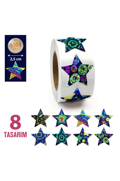 hdcw 500 ADET 2.5cm RULO YAPIŞKANLI HOLOGRAFİK RENKLİ YILDIZ DESENLİ STICKER ...