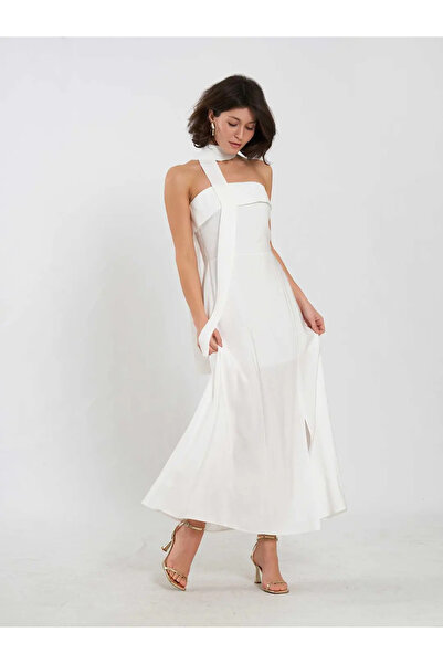 BIGNUANCE Ecru Strapless Buttoned Slit Detailed Long Dress Casual Comfortable...