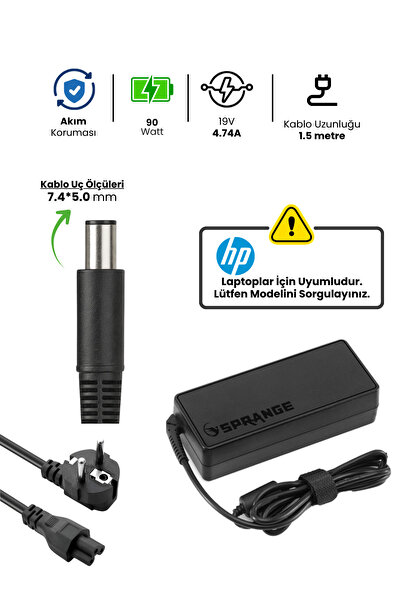 SPRANGE HP Laptop Notebook Adaptörü Şarj Aleti 19V 4.74A 90W Kalın Uç 7.4x5.0...