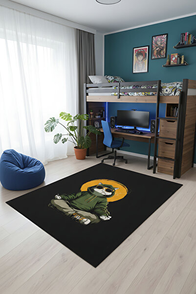 Pixel Dizayn Genç Odası Halısı Cool Kedi Tasarımlı Kaymaz Dot Taban Modern Ga...