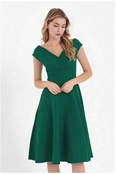 vuvutasarım Women's Off-Shoulder Pleated Crepe Midi Dress 31247