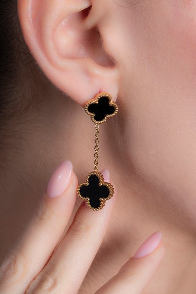 Elika Silver Black Enamel Clover Model Chain Earrings