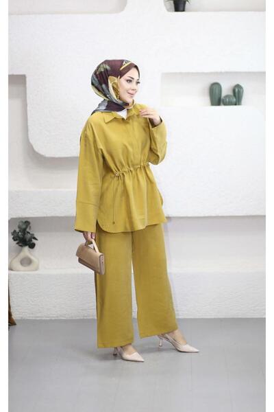 Suede Style 6307 - Stylish Comfortable Waist Drawstring Detailed Shirt Collar...