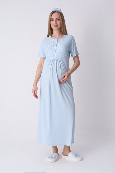 ERDENİZ TEKSTİL Maternity Pajamas, Nightgown and Jacquard Robe Set – Maternity Set, Cotton Textured, Buttoned for Breastfeeding