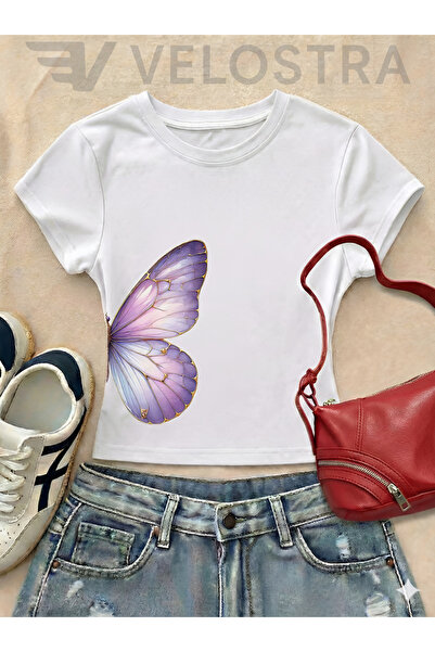 Velostra Women's Purple Butterfly Printed Basic Daily Use Crop T-Shirt