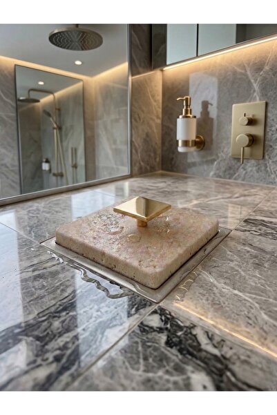 FARALYAHOME Doğal Traverten Mermer Banyo Gider Kapağı 10x10 cm Gold Kulp
