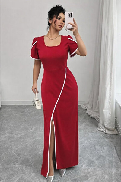 Modayakamoz New Season Women's Short-Sleeved Square-Neck Crepe Dress with Cro...