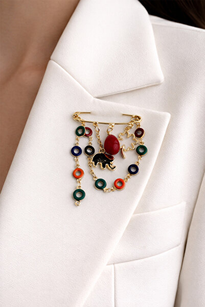 Modex Renkli Zincir Detay Fil Figürlü Çoklu Çengelli İğne Broş (4cm)